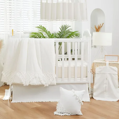 Vista 5 de Brandream Juego de ropa de cama para cuna para bebé, niña, niño, 100% algodón, 6 piezas, género, neutro, bohemio, color sólido, blanco, casa
