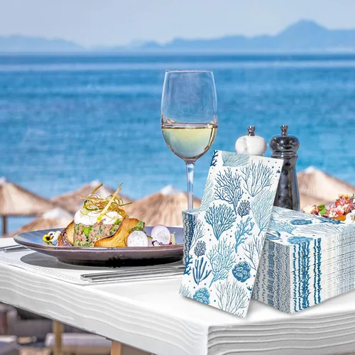 Vista 7 de JarThenaAMCS 100 servilletas de papel para invitados de arrecife de coral, color blanco y azul, 3 capas, servilletas desechables con temática