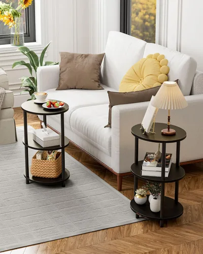 Vista 7 de Mesa auxiliar redonda pequeña, mesa decorativa ovalada de 3 niveles para espacios pequeños, mesita de noche de madera rústica y metal para sala