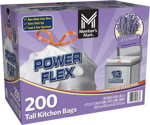 Vista 2 de Member's Mark Power Flex - Bolsas de basura altas con cordón para cocina (13 galones, 2 rollos de 100 unidades, 200 unidades en total)