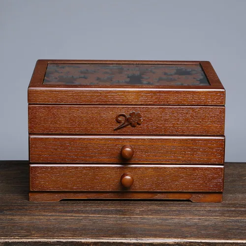 Vista 4 de Changsuo Joyero de madera para mujer con cajones, organizador de almacenamiento de joyas de tamaño mediano con tapa acrílica
