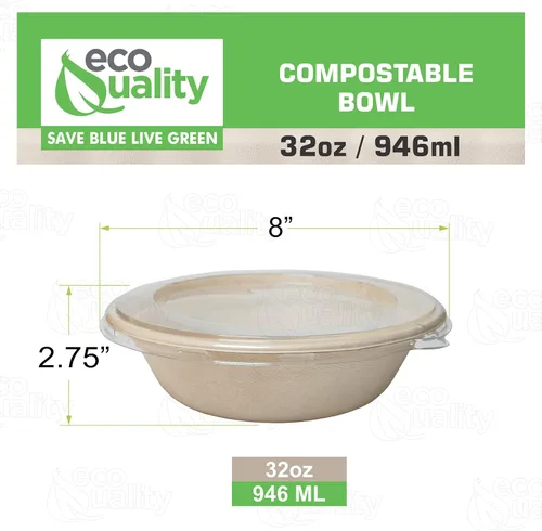 Vista 3 de [Paquete de 50] Cuencos redondos de papel compostables desechables de 32 onzas con tapas, resistentes, bagazo natural ecológico sin blanquear