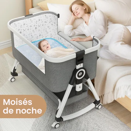 Vista 4 de Moisés para bebé 3 en 1, cuna junto a la cama con cesta de almacenamiento y ruedas, cuna portátil con mosquitero, 6 alturas ajustables y malla