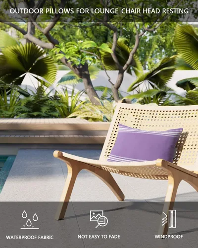 Vista 4 de Almohadas reclinables para la cabeza con inserto, almohada lumbar de rayas moradas y blancas con correa ajustable, almohadas de patio impermeables