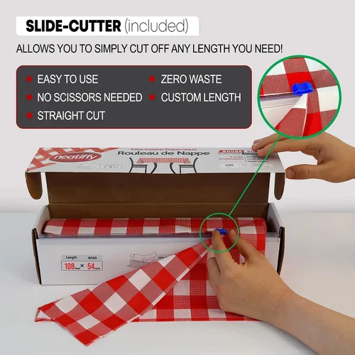 Vista 3 de Neatiffy Rollo de mantel de plástico desechable 54 pulgadas x 108 pies Mantel para mesas rectangulares, cuadradas, redondas ovaladas picnic