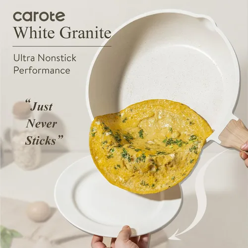 Vista 3 de CAROTE Sartén antiadherente para saltear y freír, sartén para tortillas, sartén de chef de granito no tóxica y saludable, sartén para huevos Blanco