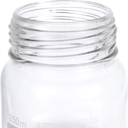 Vista 4 de Moonetto Paquete de 6 botellas de vidrio de 8.5 fl oz de boca ancha graduadas con reactivo redondo para laboratorio multimedia con tapa de rosca Azul