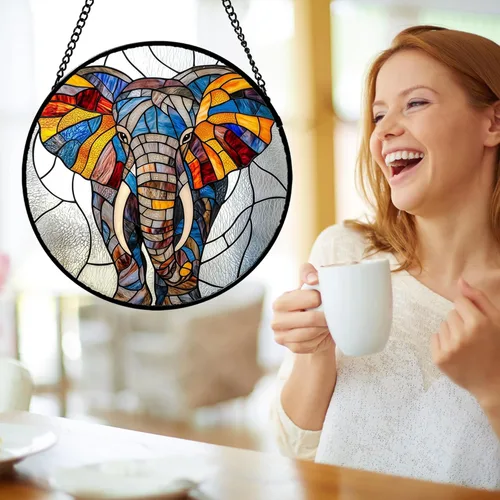 Vista 4 de Atrapasoles de Vidrio Manchado para Colgar en Ventanas, Elefante Colorido para Capturar el Sol para Puerta, Decoración del Hogar, Atrapasoles