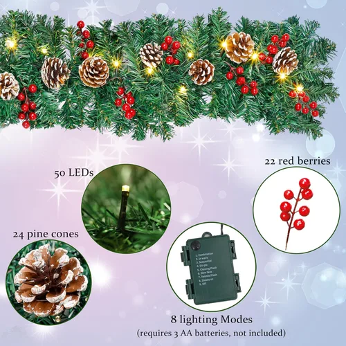 Vista 3 de Guirnalda de Navidad Iluminada de 9 Pies (2.7 m), Guirnalda de Navidad a Pilas con Luces, Corona Guirnalda Preencendida para Decoraciones