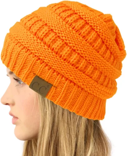 Vista 2 de C.C Gorro de lana unisex con forro polar grueso y cálido (naranja neón sólido), Naranja