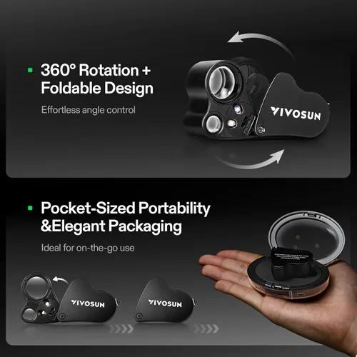 Vista 2 de VIVOSUN 30X 60X Lupa de joyeros iluminada plegable con luz LED para joyas, gemas, relojes, monedas, sellos, antigüedades, negro