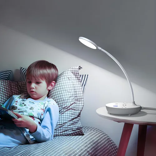 Vista 6 de Lámpara de escritorio LED Bodun con 2 puertos de carga USB y 2 tomas de corriente CA - Antorcha de cuello de ganso ajustable, 3 niveles de brillo