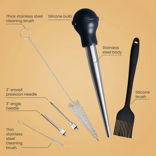 Vista 2 de Jeringa para Pavo, Jeringa de Acero Inoxidable para Cocinar con Inyectores de Marinada, Jeringa, Brocha para Untar, Cepillo de Limpieza Grueso