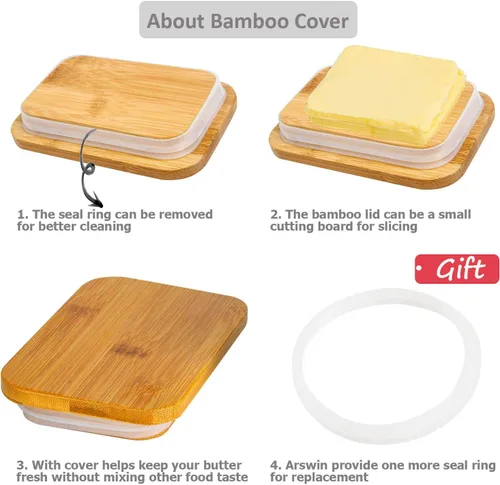 Vista 4 de Mantequillera con tapa, recipiente de porcelana con tapa de madera para mantequilla, apto para microondas, contenedor de almacenamiento