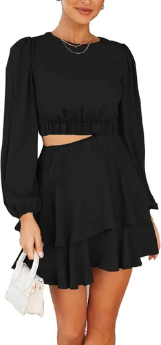 PRETTYGARDEN Vestidos casuales de primavera para mujer, manga larga abombada, corte escalonado con volantes, vestido corto plisado