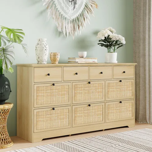 Vista 20 de Yechen Cómoda moderna de 6 cajones de 47.2 pulgadas de ancho con cajones de ratán natural, cómoda de madera industrial para dormitorio con patas