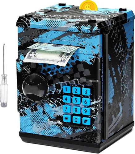 Vista 10 de Alcancía de cajero automático para niños y niñas, Vcertcpl - Mini alcancía de monedas con contraseña, caja de ahorro con agarre automático