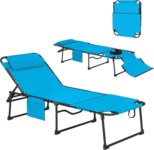 Vista 11 de Outsunny Tumbona plegable con respaldo reclinable de 5 niveles, silla de bronceado con orificio para la cara, sillón al aire libre con bolsillo Beige