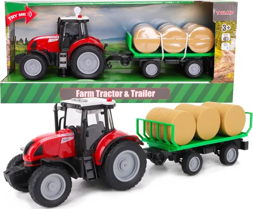 Vista 11 de Toyland® Tractor y remolque rojo de 14.6 in con luces y sonido - Juguetes de granja para niños (tractor y empacadora)
