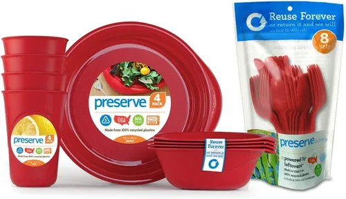 Vista 11 de Preserve Vajilla reutilizable sin BPA con cubiertos de plástico reciclado: 4 platos, 4 cuencos, 4 tazas y 24 cubiertos, color verde manzana