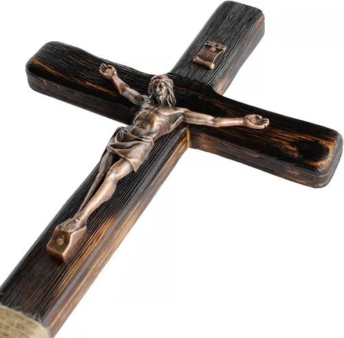 Vista 5 de Asterom Rustic Crucifix Wall Cross - Handmade Wooden Catholic Crucifix Unique Charred Oak Technique - 12 Inch