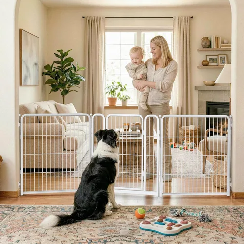 Vista 19 de FXW Puerta para perros extra ancha diseñada para uso en interiores, ancho ajustable de hasta 137 pulgadas de ancho