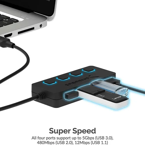 Vista 5 de SABRENT Hub USB 3.0 de 4 puertos con interruptores de alimentación individuales iluminados por LED, incluye adaptador de corriente de 5V/2.5A