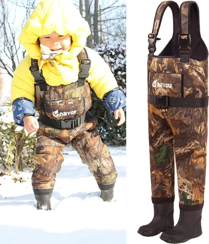 Vista 6 de Vadeador de pecho térmico e impermeable de neopreno para niños de 0.197 in con botas de goma, Hoja de arce camuflaje