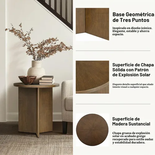 Vista 6 de Martha Stewart Sadie - Mesa de centro redonda – Parte superior de chapa Starburst, acabado de madera gris recuperada, acento moderno para sala