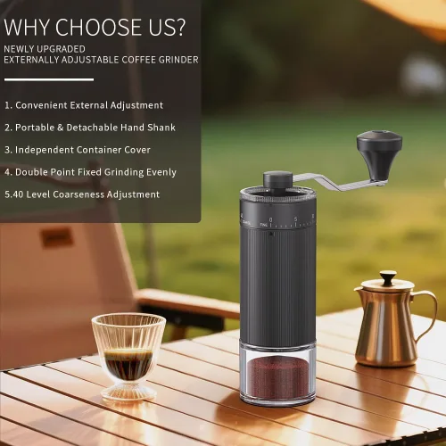 Vista 7 de Molinillo de café de mano, rebaba cónica para expreso, prensa francesa, vertido, doble rodamiento, capacidad de ajuste externo, 0.88 oz