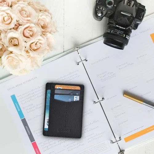 Vista 5 de Billetera minimalista para hombres y mujeres Funda de cuero genuino con seguro RFID para tarjetas, cartera Rfid, S