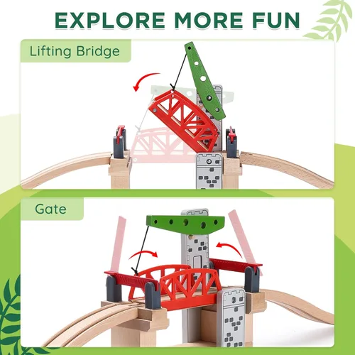 Vista 4 de SainSmart Jr. Juego de accesorios de tren de madera, puente de elevación movible con riel para niños, compatible con Thomas, Brio, Chuggington