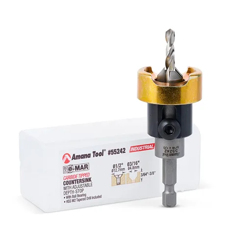 Amana Tool Avellanador de 82 Grados con Broca con Tope de Profundidad y Rodamiento de Bolas Sin Empuje, 55242, 1/2 D x 3/16 Diámetro de Broca x