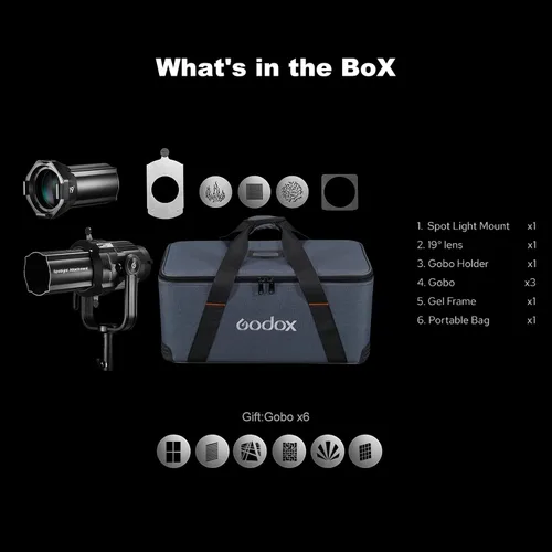 Vista 9 de Godox VSA-19K - Kit de accesorios de foco, Snoot cónico con lente de proyección de 19° y 9 Gobos para flash de montaje Bowens, Speedlite, monoluz