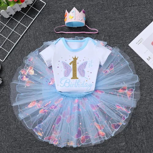 Vista 3 de ODASDO Conjunto de 3 piezas de mameluco de manga corta de algodón con estampado de flores, falda tutú, corona y diadema Rosa bebé