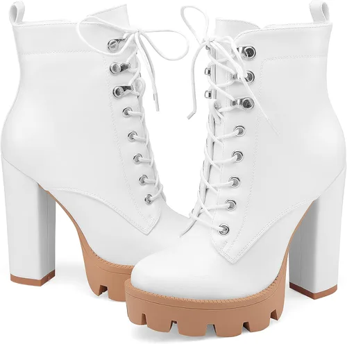 Vista 4 de Botines de plataforma para mujer, de tacón grueso, suela de lengüeta, botas de combate con cordones y tacón alto