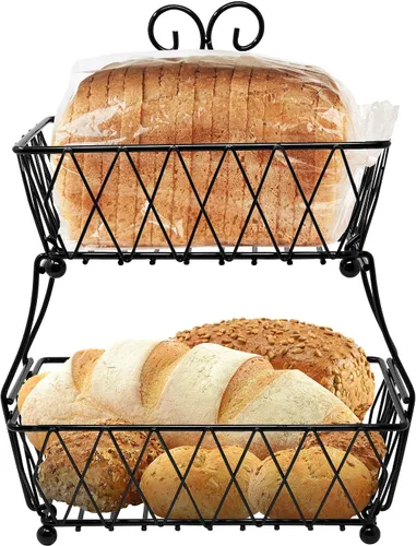 Vista 9 de Sorbus Soporte de exhibición de cesta de frutas, 2 niveles, para almacenamiento de verduras, frutas y pan para cocina, baño, rectangular de metal