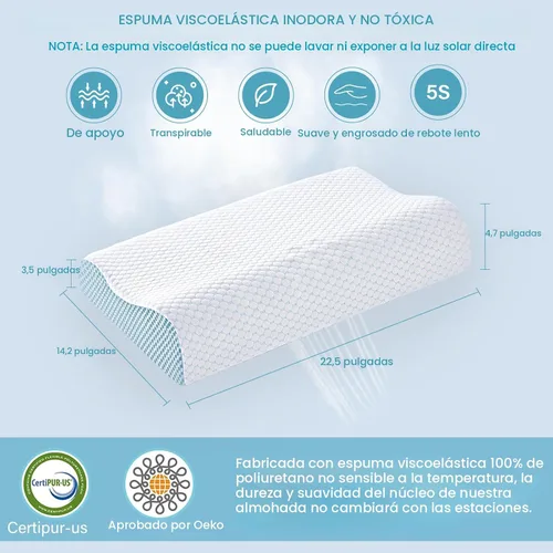 Vista 5 de Juego de 2 almohadas refrescantes tamaño Queen, almohadas de espuma viscoelástica para dormir, almohada cervical ergonómica para aliviar el dolor
