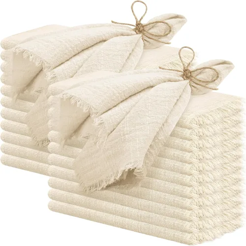Vista 20 de 24 servilletas de tela hechas a mano con flecos beige, 16 x 16 pulgadas, delicadas servilletas de algodón rústico a granel para bodas, cenas, fiestas