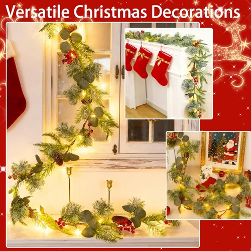 Vista 6 de Timer – Guirnalda de Navidad preiluminada con nieve artificial de 6 pies, guirnalda de cedro de tacto real con luces, bayas rojas y piñas de pino