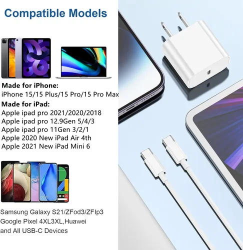 Vista 7 de Bloque de carga para iPhone 15, enchufe de carga rápida USB C de 20 W/cable tipo C a C de 6 pies largo para Apple iPhone 15 Plus/15 Pro Max, iPad