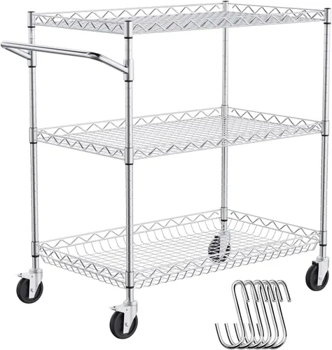 VEVOR - Carrito de cocina de 3 niveles, mesa rodante con capacidad de 299.8 kg, escritorio de servicio de acero sobre ruedas, carro de