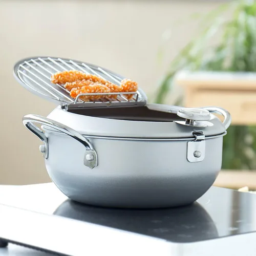 Vista 3 de Sartén con revestimiento antiadherente con termómetro Tempura Freidora Pot, Mini sartén profunda con escurridor Mini Sartén profunda con sartén