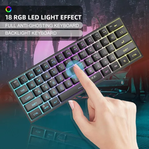 Vista 2 de MageGee Teclado mini 60% para juegos, retroiluminado RGB de 61 teclas ultra compacto, TS91 ergonómico, impermeable, sensación mecánica, teclados
