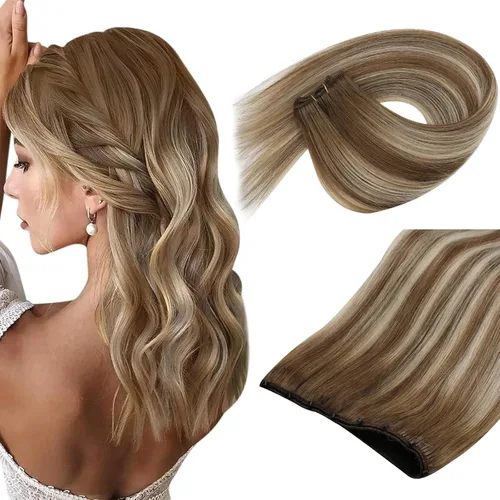 Vista 11 de Sunny Hair Extensiones de cabello humano con trama, de trama, con microcuentas, color marrón oscuro, balayage, marrón medio, con microcuentas, 14