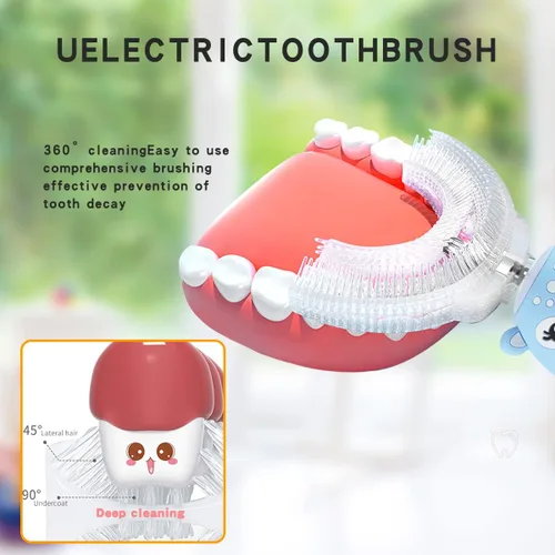 Vista 4 de Cepillos de dientes eléctricos para niños, en forma de U, cepillo de dientes automático sónico con 4 cabezales de cepillo, seis modos de limpieza