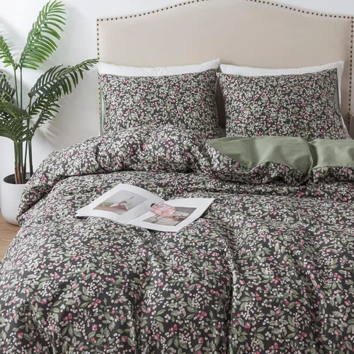 Vista 35 de HoneiLife Juego de funda de edredón floral 100% algodón, 3 piezas, suave, ropa de cama botánica con cierre de cremallera y lazos en las esquinas