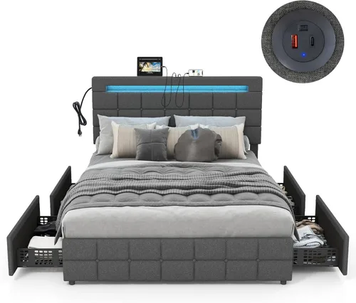 Vista 19 de KOMFOTT Base de cama individual con estación de carga y luces LED, base de cama de plataforma tapizada con cabecera ajustable y 4 cajones