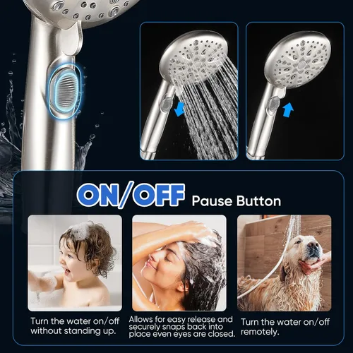 Vista 3 de Cobbe Cabezal de ducha de alta presión con botón de pausa integrado, cabezal de ducha desmontable de 9 funciones con soporte giratorio de latón