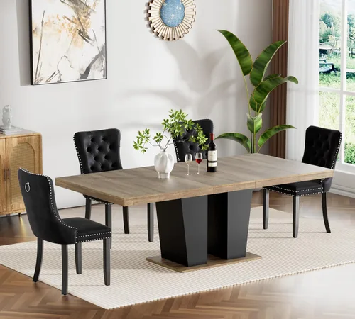 Juego de 4 mesas de comedor extensibles, mesa de comedor rústica marrón y 4 sillas de comedor de terciopelo negro con patas de madera, juego de mesa